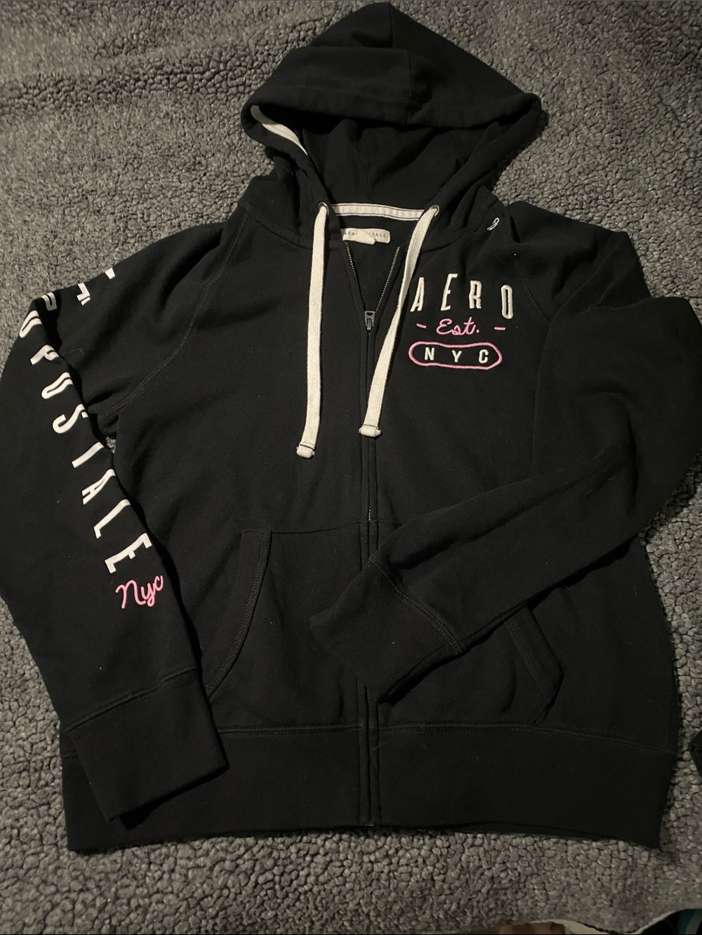 2pc Aeropostale Black Zip Hoodie & bottomswith White Drawstrings and Pink Accent
